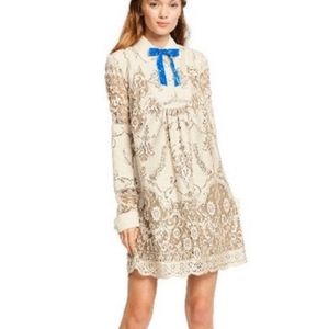 Lace Long Sleeve Ribbon Detail Shift Mini Dress